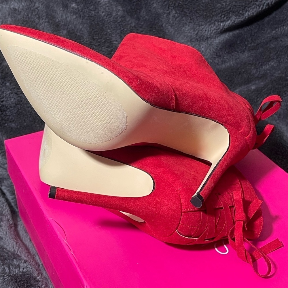 ShoeDazzle Nathaly Red High Heel Boots, Red Ribbon Lace Up Booties, Pointed Toe - Picture 5 of 6